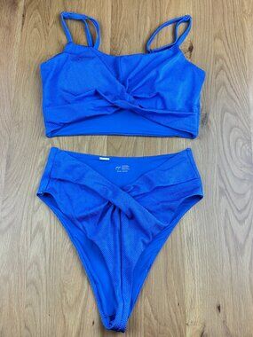 Aerie Shine Pique Twist High Cut Bikini Set Swim Blue Heaven Top L / Bottom M